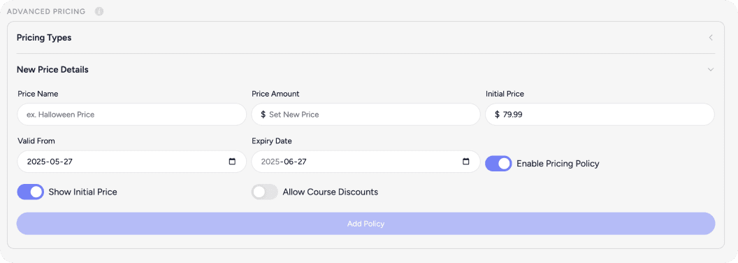 Pricing control dashboard with revenue analytics